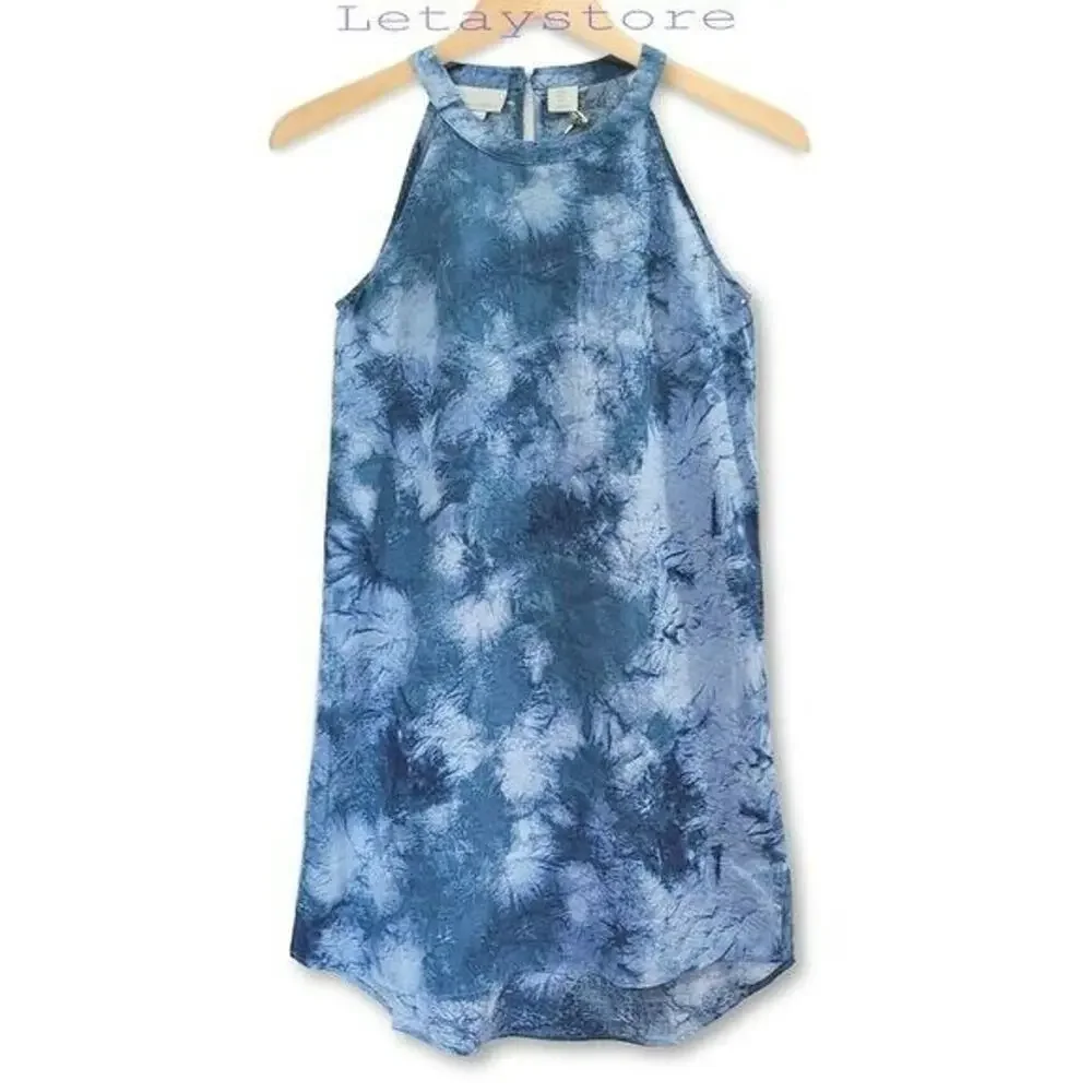 NWT Cynthia Rowley Women's Linen Tie Dye Print Hi-Low Hem Halter Mini Dress